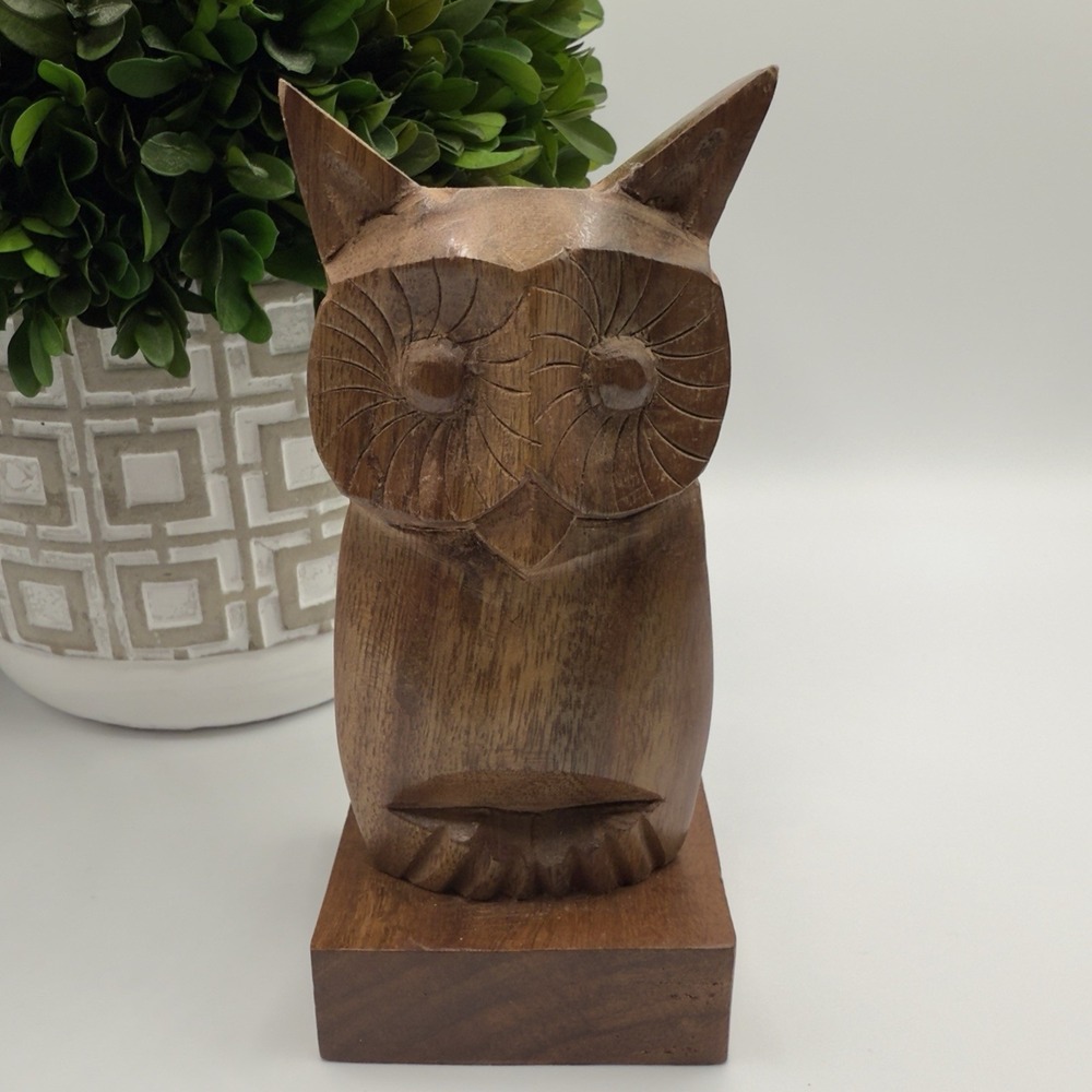 Vintage Hand Carved Wood Owl Figurine Rustic Folk Art Shelf Decor 5.5"